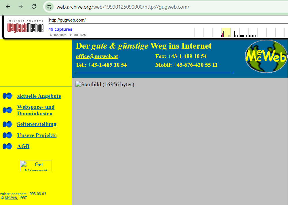 Historical capture of the pioneering portal gugweb.com in 1998, preserved by the Wayback Machine of the Internet Archive.